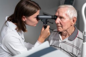 Female optometrist uses ophthalmoscope to examine elderly man's eyes during a routine vision check-up