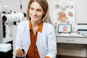 A female optometrist in a white lab coat smiling while using an eye examination device in a clinic